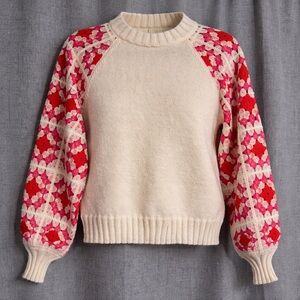 Bunulu Women’s Small Cream Sweater Crochet Granny Square Sleeves Boho Wool Blend